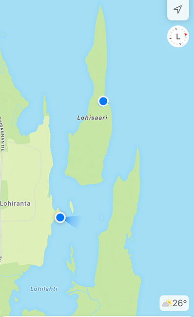 Kartta, jossa näkyy Lohirannan lähtöpaikka ja Lohisaaren hiekkarannan paikka