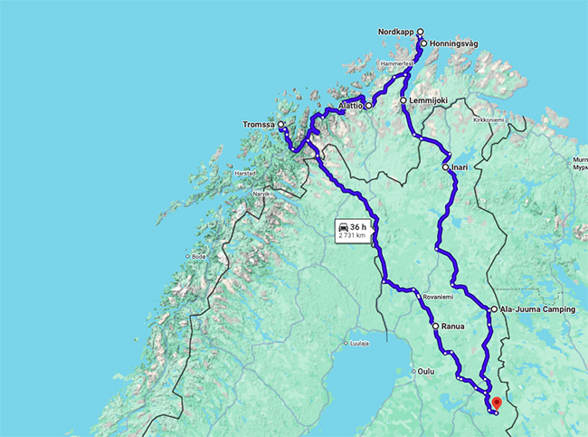 Reittimme kartalla, matkareittimme oli 2731 kilometriä pitkä. 