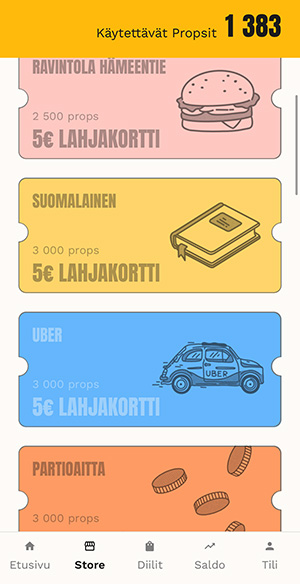 Esimerkkejä Props-kanta-asiakasohjelman lahjakorteista