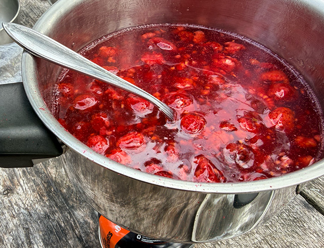 Vadelmakiisselin keittoa retkikeittimellä